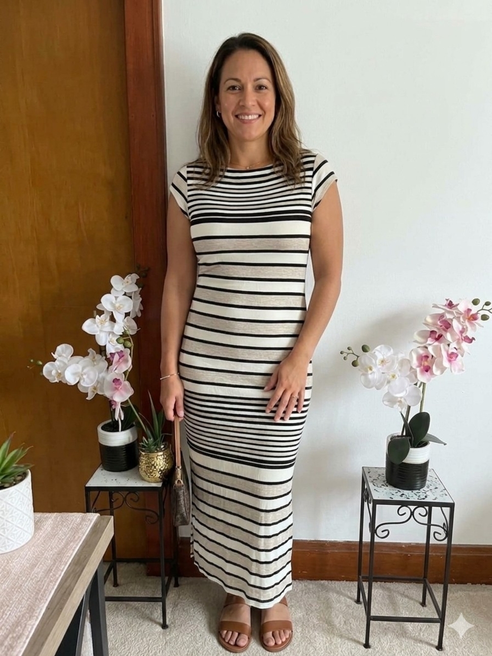 Velvet Torch Black & Cream Striped Short-Sleeve Maxi Dress